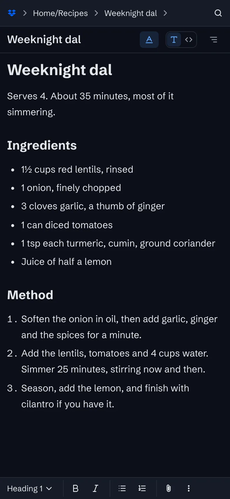 The app on a phone: a recipe open, with the notebook and the note as a path across the top and the formatting bar shown.